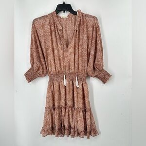 lovestitch Brown and Gold V-neck Bishop Sleeve Midi Dress